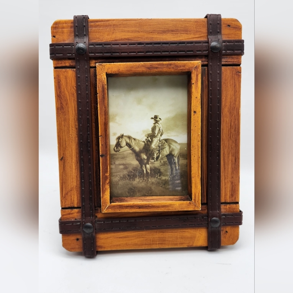 3-D Faux Leather Strap Western Cowboy Wood Metal Picture Photo Frame, 3.5" x 5.5